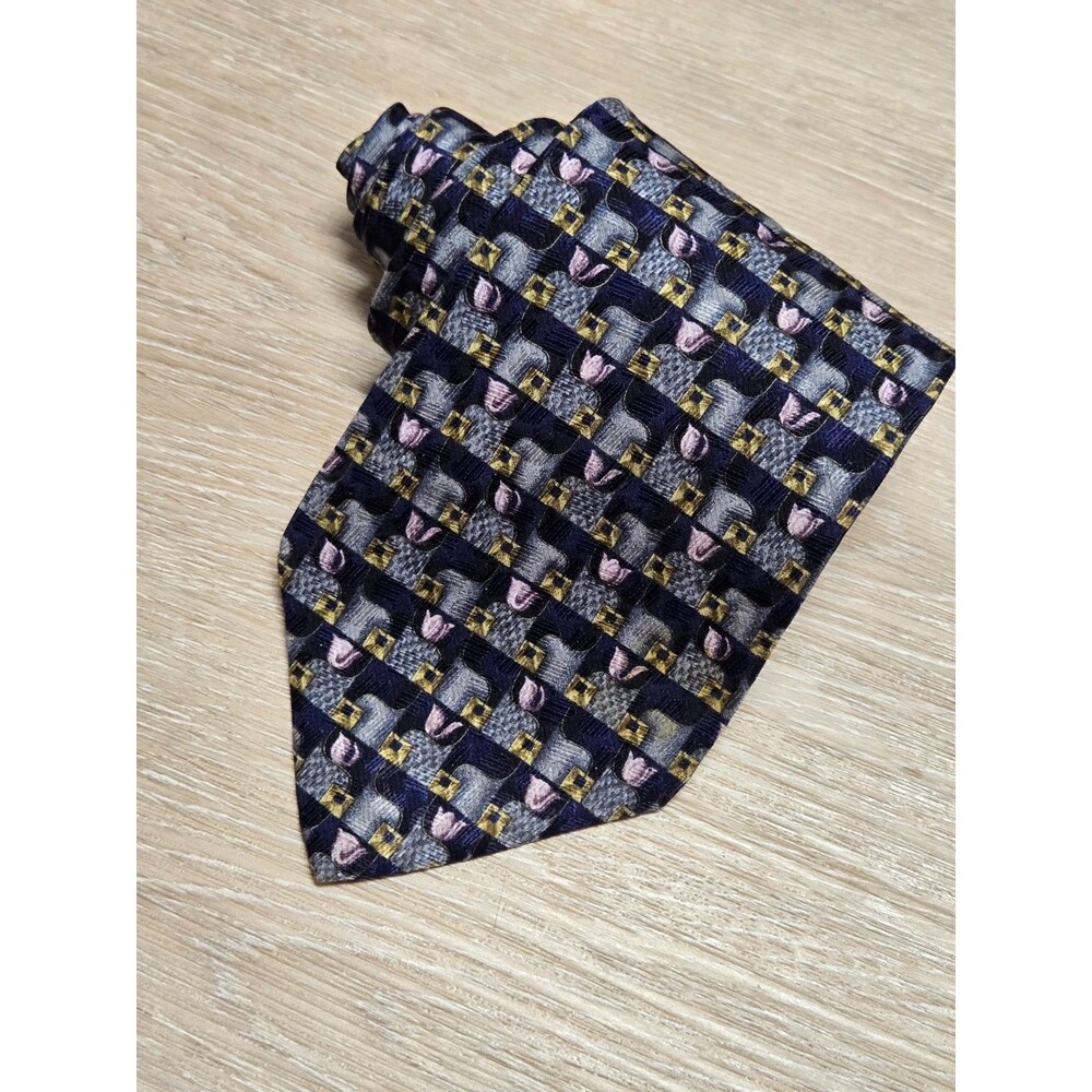 Ermenegildo Zegna Silk Tie Navy Gold Geometric Made in Italy